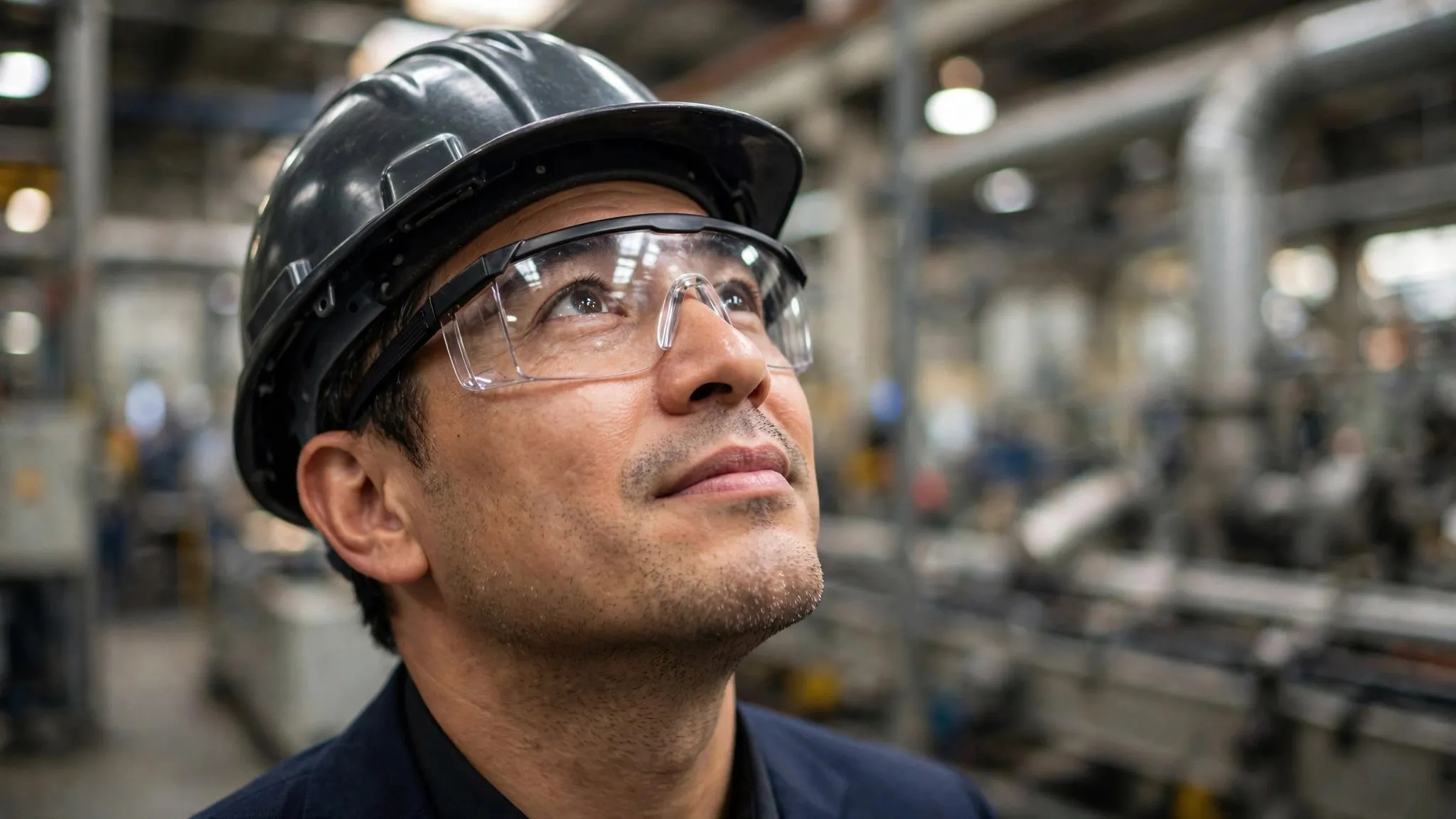 Manufacturing engineer in a hard hat and safety glasses on a production floor